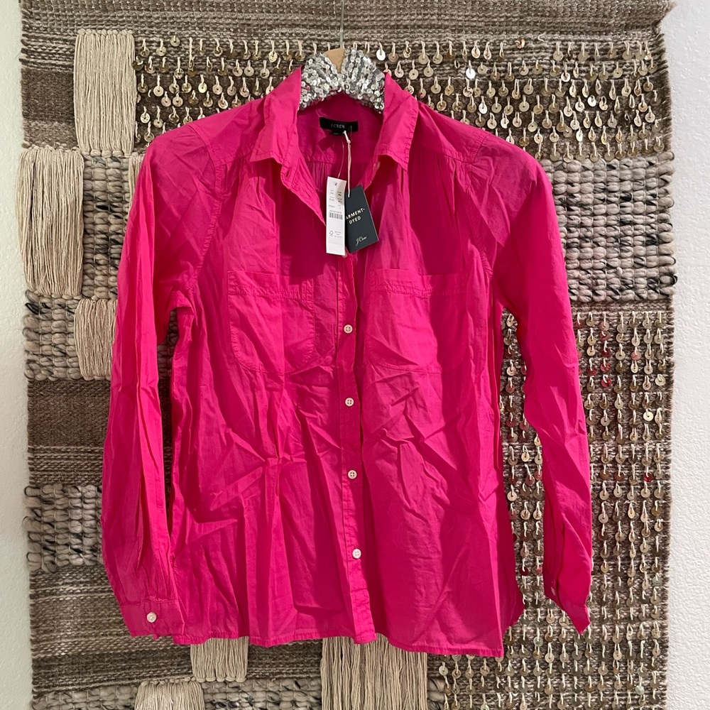 🩷 NWT J Crew bright hot pink long sleeve button down cotton shirt sz 2